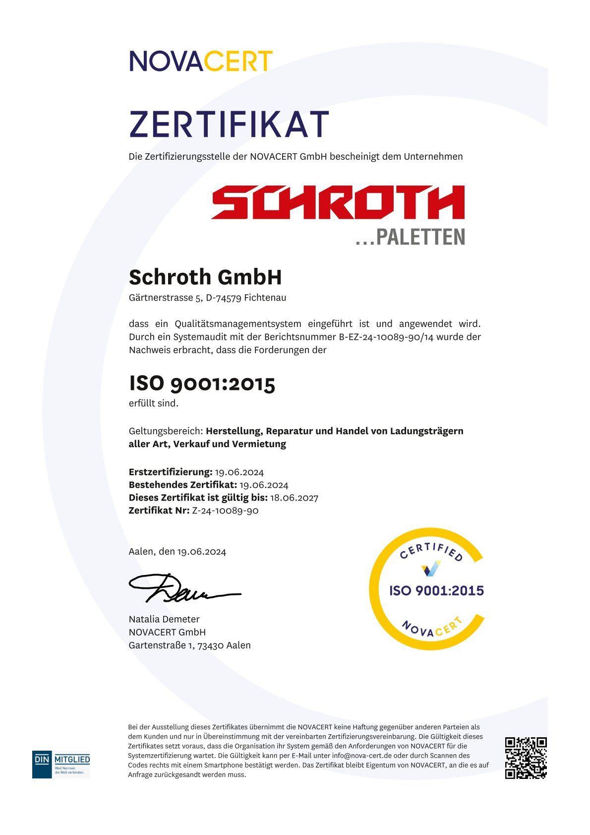 ISO Zertifizierung 9001 für Schroth Paletten ISO Zertifizierung 9001 für Schroth Paletten